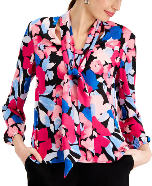 Kasper Petite Floral Print Bow Blouse